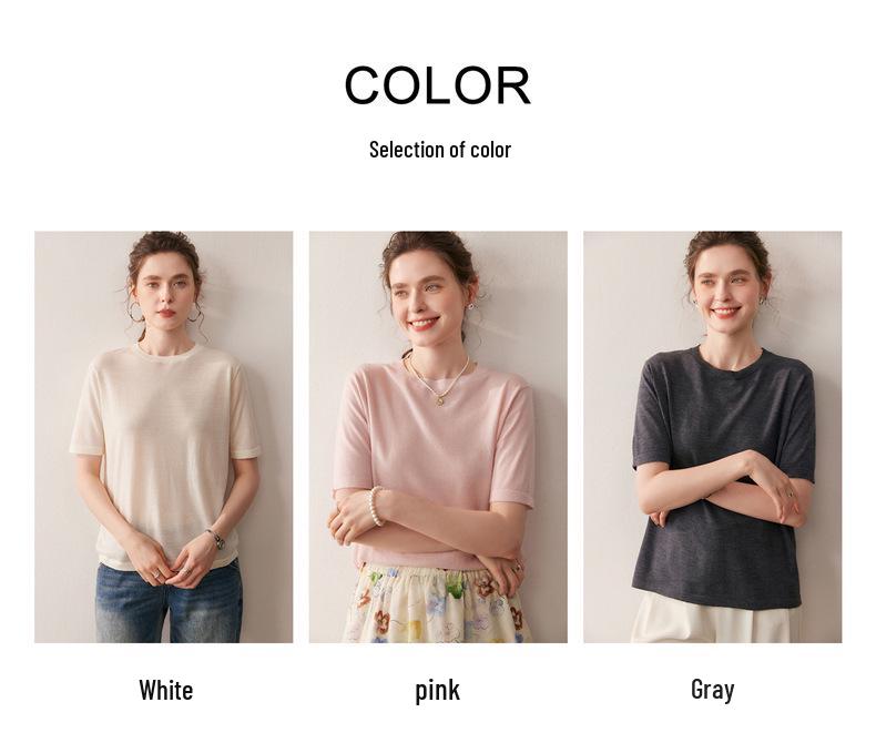 Women's 100% Wool Short Sleeve Round Neck Sweater - Casual, Versatile Solid Color Autumn Pullover