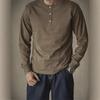 Men's Slim Fit Khaki Henley: 320g Cotton, Long Sleeve, Retro Style for Autumn
