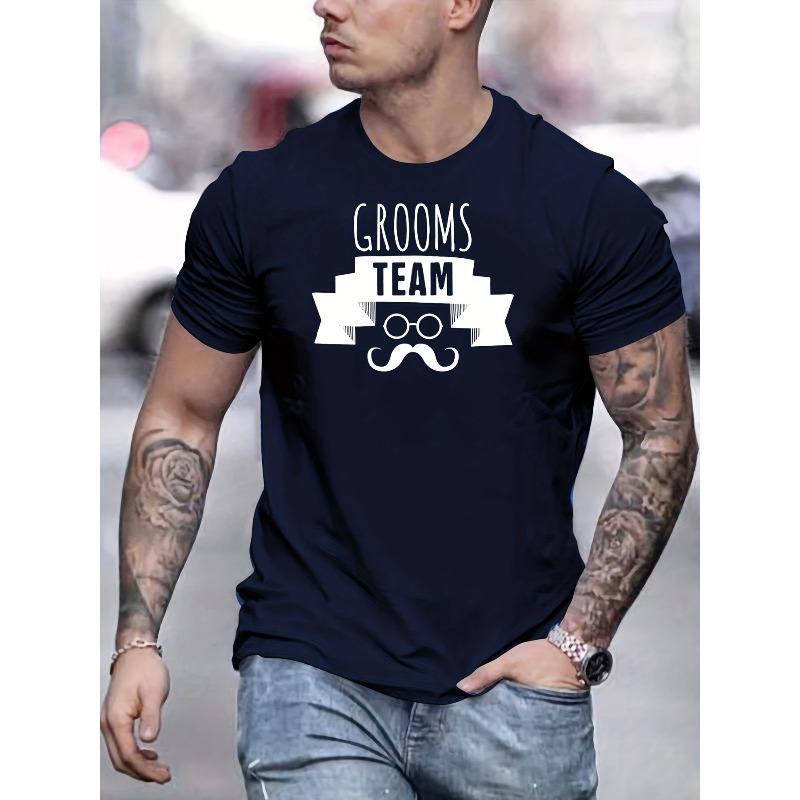 European Size Grooms Team Text Pattern Men's T-shirt, Casual Male Clothing For Summer Outdoor