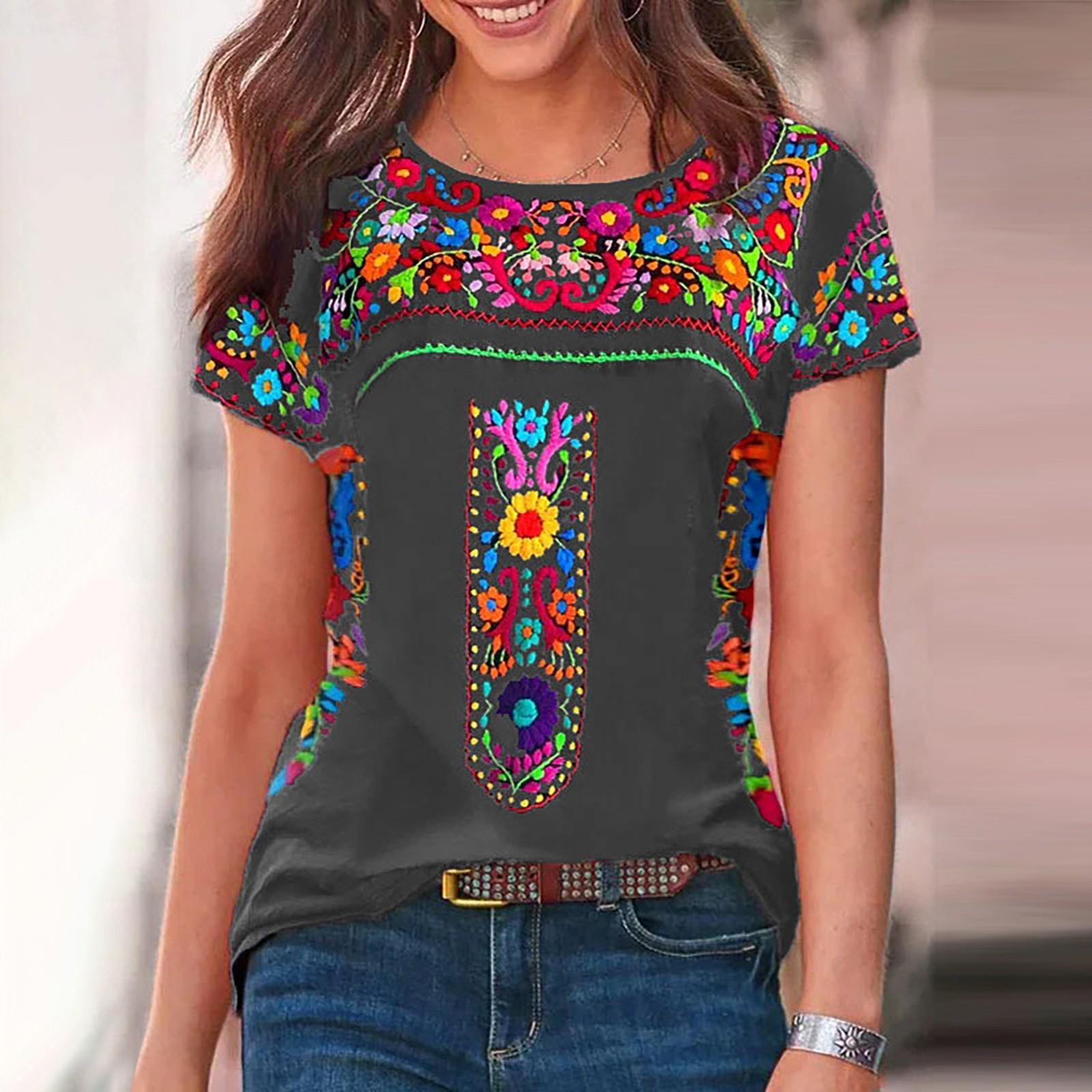 

Женская летняя повседневная мода - Свободная футболка с коротким рукавом и круглым вырезом с принтом L