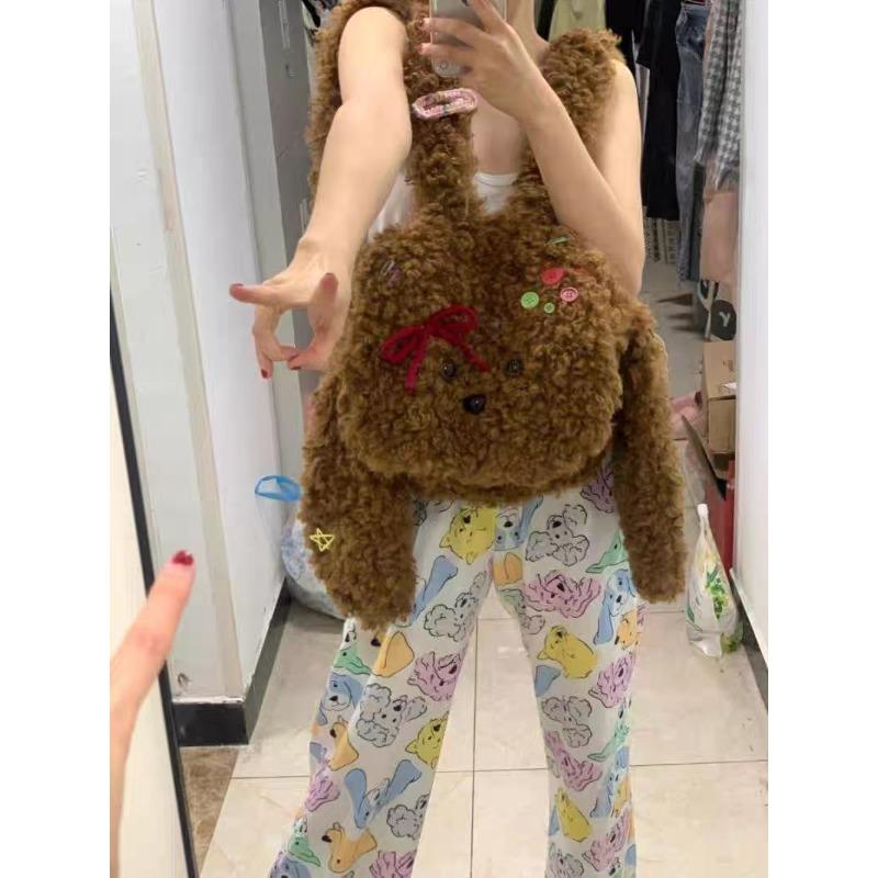 

Teddy puppy plush backpack large capacity cute girl cartoon shoulder tote bag autumn and winter new fluff bag коричневый