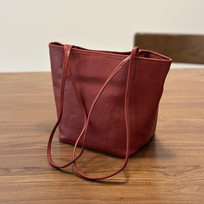 Johnature Retro Genuine Leather Tote Bag Versatile Commuting Solid Color Soft Leather Women's Shoulder Bag