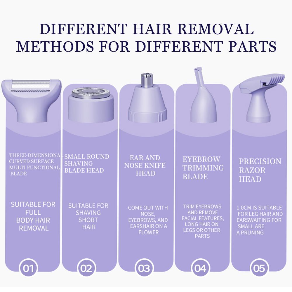 5 in1 Women's Electric Hair Trimmer for Body Face Bikini Underarm Nose-IPX7 Wet/Dry USB Rechargeable Painless Precision Trimming