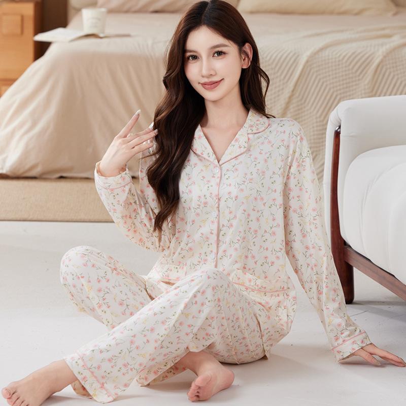 Baumwollimitat Pyjama Damen Frühling und Herbst sanfte Tulpen lange Ärmel große Größe mittel Mutter Loungewear Set