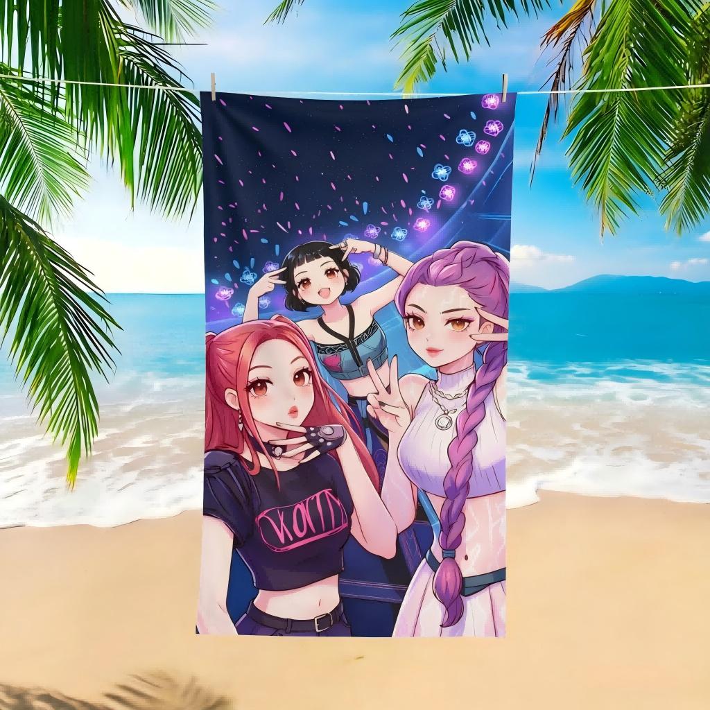 Kawaii K-Pop Girl Group Beach Towel, Cute Anime Idol Selfie Print, Soft Microfiber Quick Dry Towel for Pool Travel