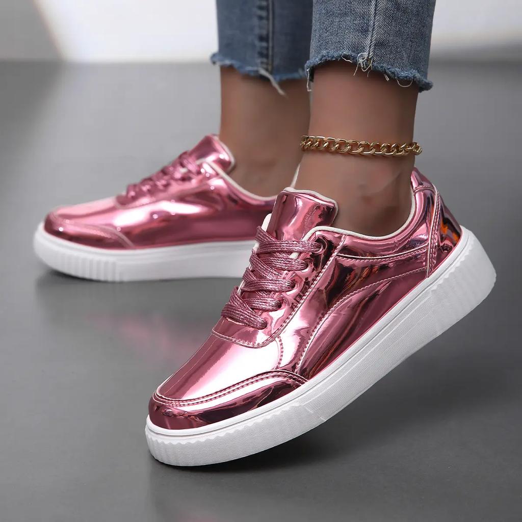 Fashion Womens Pink Gold Platform Sneakers Autumn Fashion Casual Sports Shoes Thick Bottom Vulcanized Shoes Woman Flats Heels Shoes