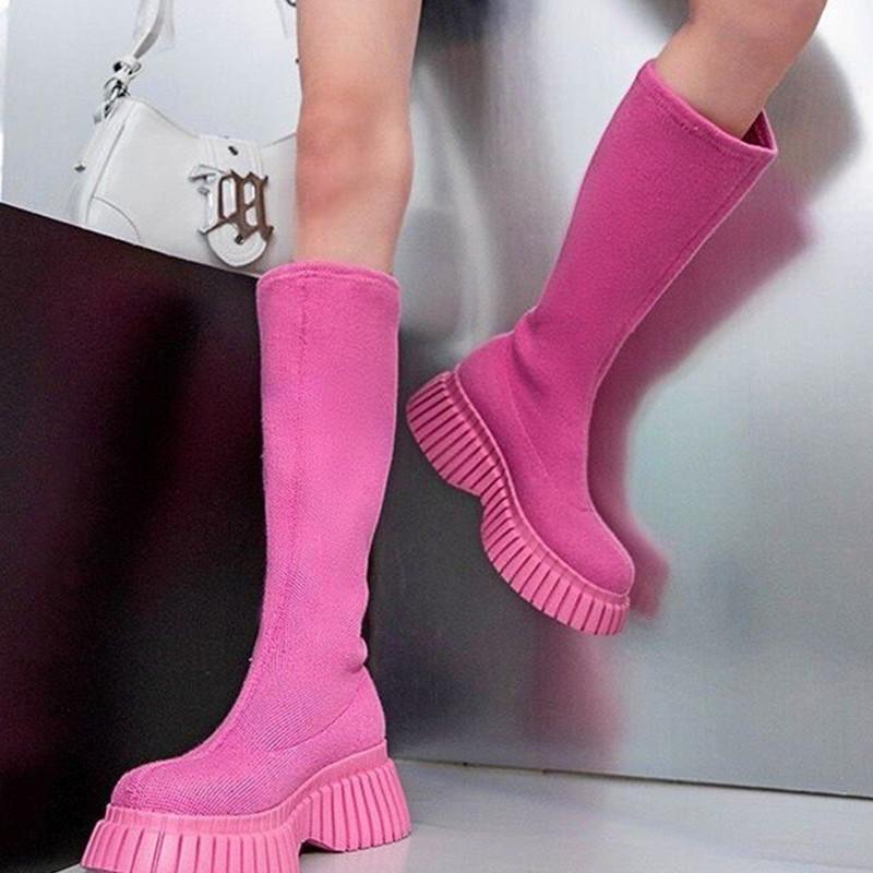 

Осенне-зимняя обувь, летающие эластичные сапоги на высокой трубке, женская обувь, длинные сапоги на толстой подошве, на длинной трубке 38