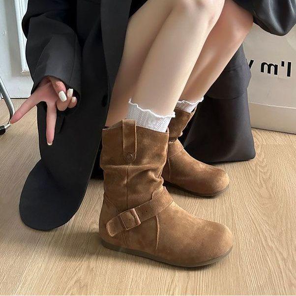 Damskie botki retro z okrągłym noskiem - Jesień/Zima Gruba podeszwa Styl kowbojski