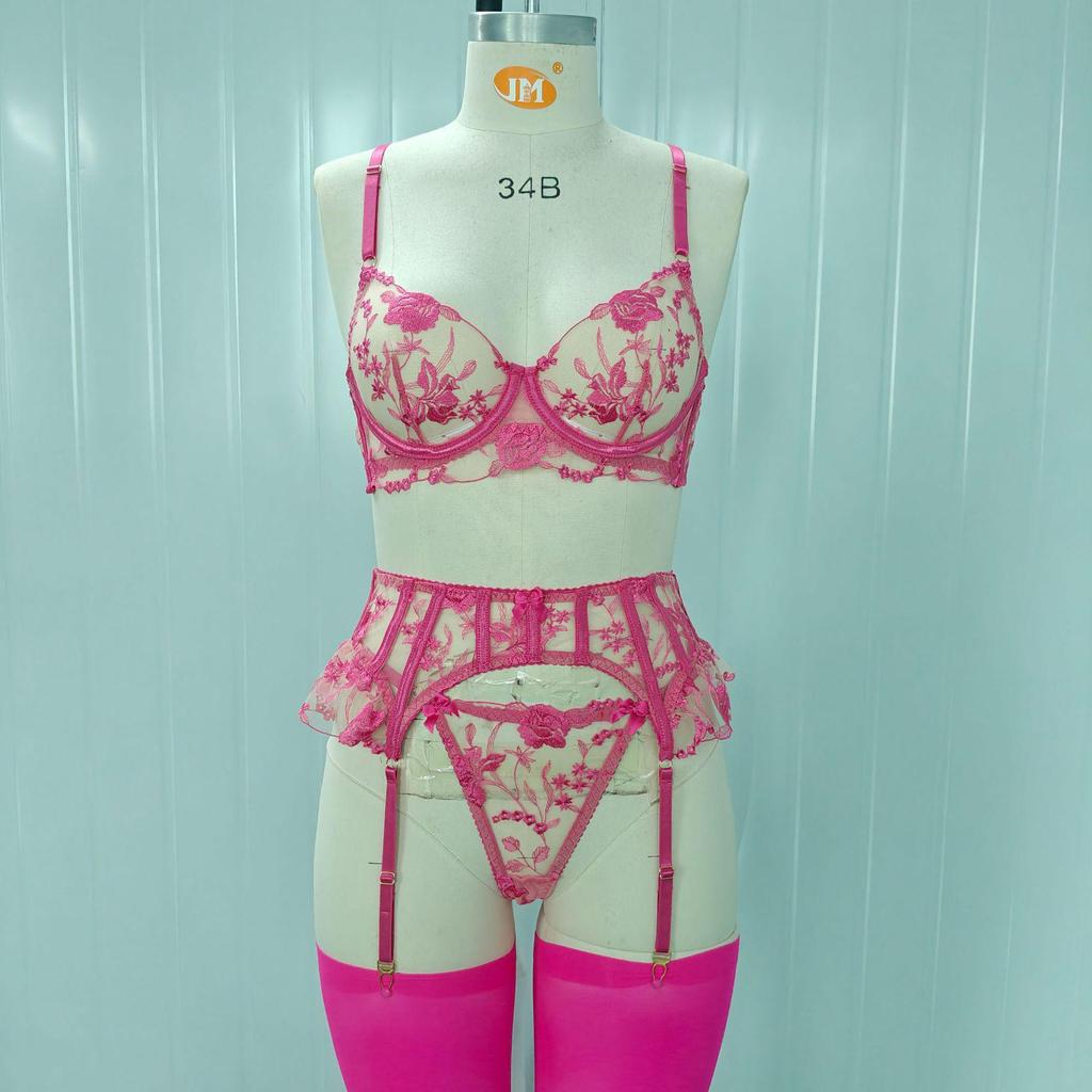 European Pink Floral Embroidered Garter & Bow Bra Set