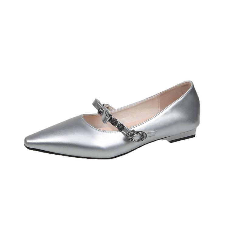Fashion 2025 New Women's Leather Metal Buckle Sweet Bowtie Pointed Toe Slip-on Mary Jane Pumps Elegant Ladies Square Heeled Shoes
