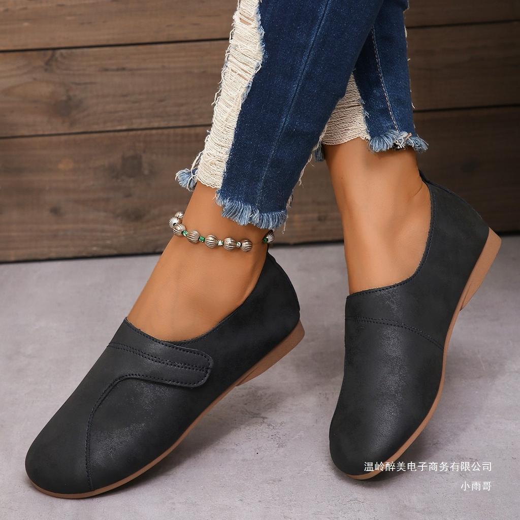 Foreign trade new retro style simple flat bottom low-top single shoes women's solid color round head Velcro soft baseplate shoes