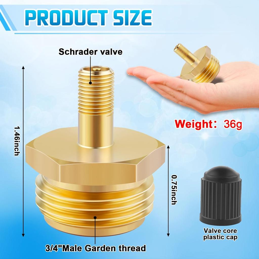 Boltigen 2Pcs RV Blow Out Winterizing Adapter, Brass Sprinkler Blowout Plug, Schrader Valve To 3/4 Garden Hose, Water Line Blow Out Adapter Fitting