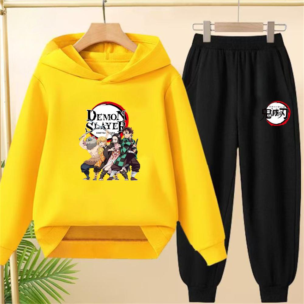 children's Hoodie Anime Demon Slayer Suitable hooded sweatshirt outerwear pants set autumn clothing for