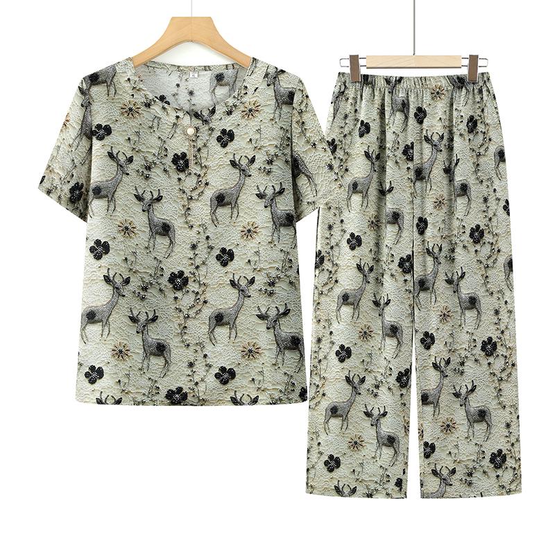 

Mother s Summer Fashion Loose T-shirt & Short Sleeve Set for Middle-Aged and Elderly Women - Stylish Two-Piece Top Set 5XL for 145-160 jin