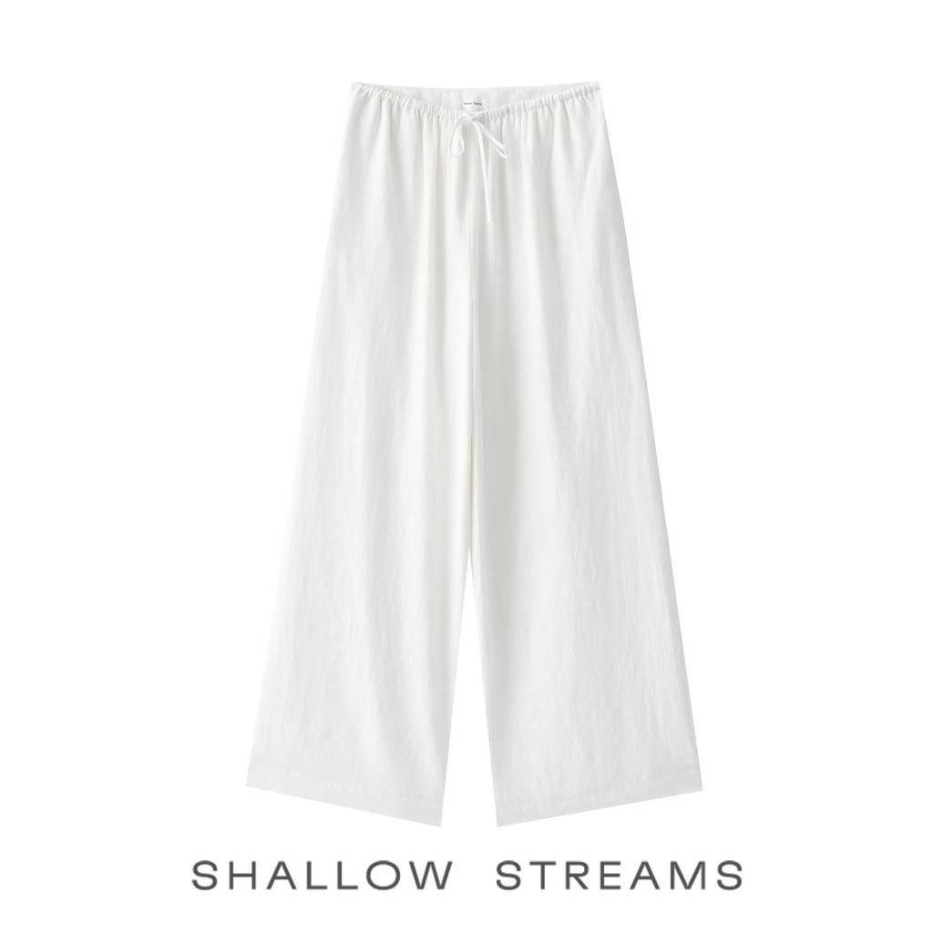 Sea of Dimples High-Waisted Linen Trousers: Breathable White Wide-Leg, Floor-Length, Early Autumn Casual Pants.