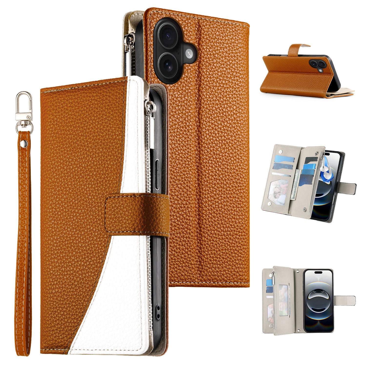 

For iPhone 16 Plus Case Zipper Pocket Wallet Color Splicing Leather Flip Phone Cover with Straps C