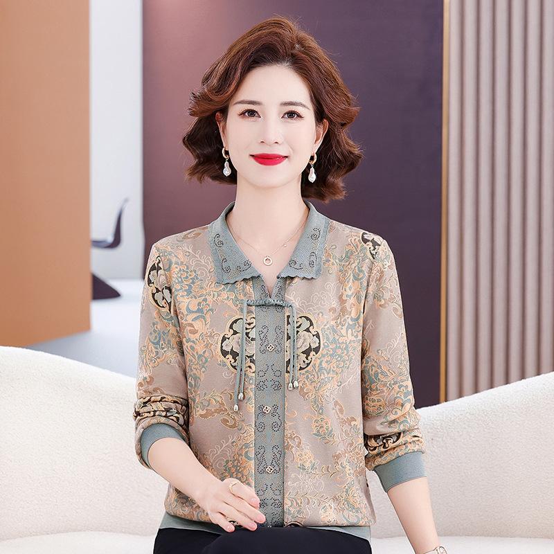 Early autumn new middle-aged and old medium lapel knitted sweater women's fashion mother autumn sweater