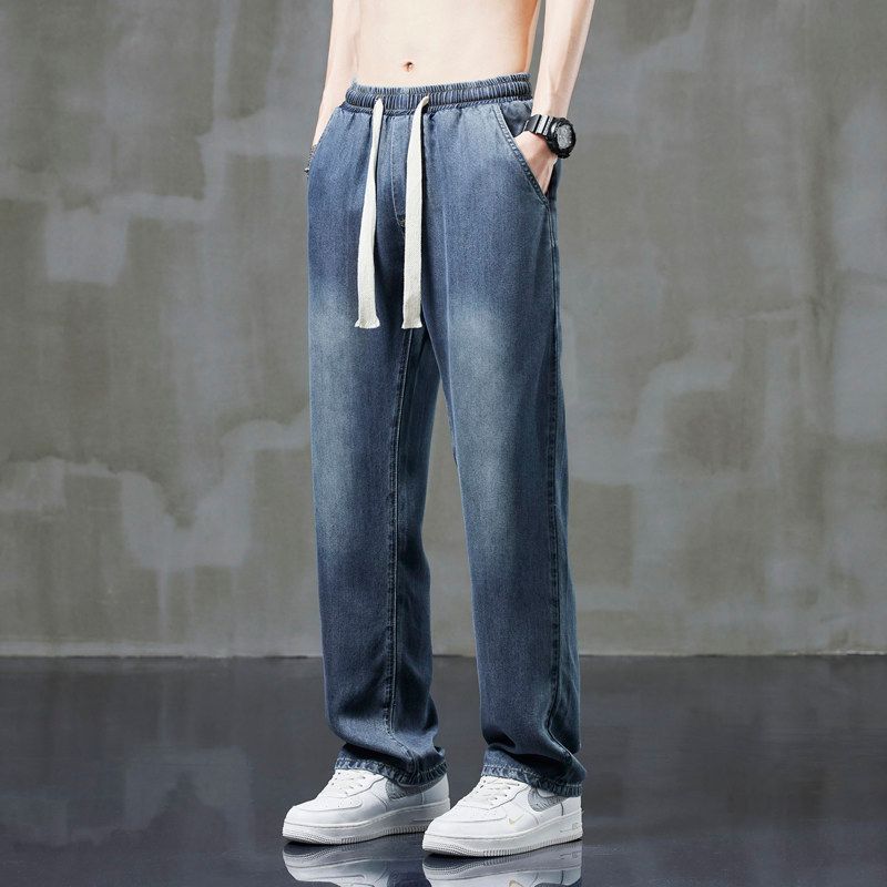 Men s Summer Thin Loose Straight-Leg Tencel Jeans with Drape Effect, Trendy Brand Casual Pants Dark Blue S