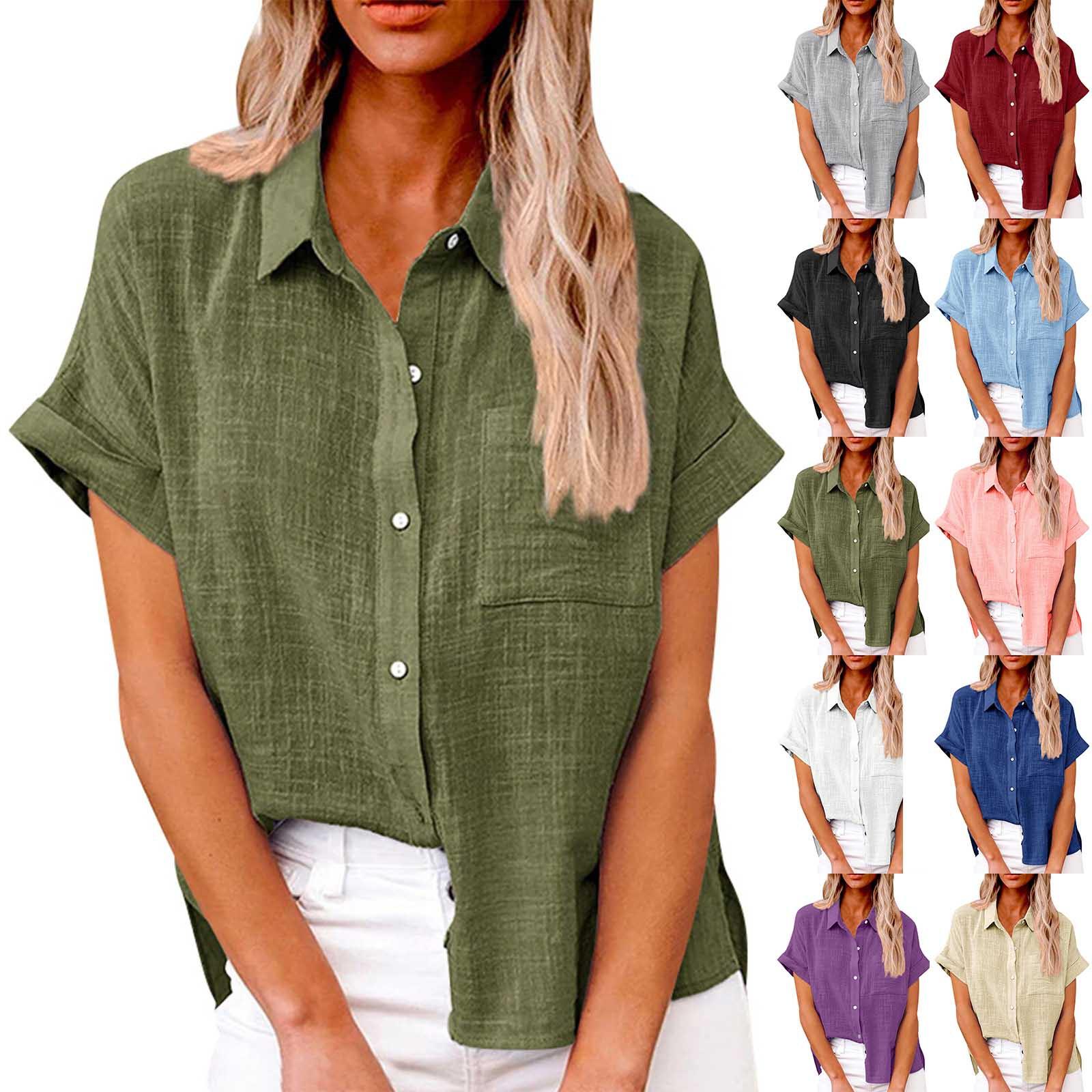 

Women s Fashion Loose Casual Short Sleeve Lapel Button Down Shirt Solid Color With Pocket T-Shirt Top XXXL