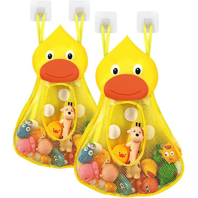 Linkidea Bath Toy Organizer, Bathtub Toy Organizer Holder, Bath Toy Net Storage Holder with Adhesive Sticker Hooks (2pcs, Duck)