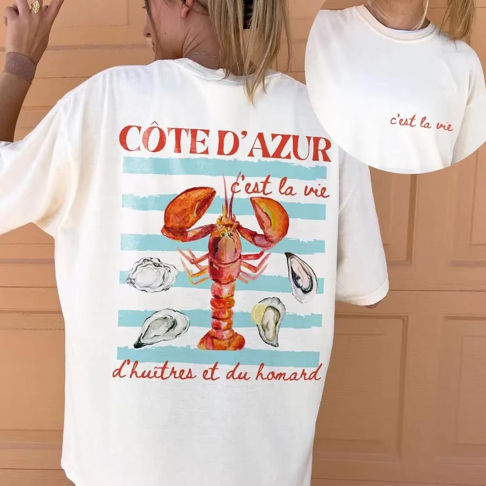 Cote Dazur Shirt French Riviera Lobster And Oyster Shirt Cest La Vie Saint Tropez TShirt French Proverb Coastal Aesthetic Y2k S