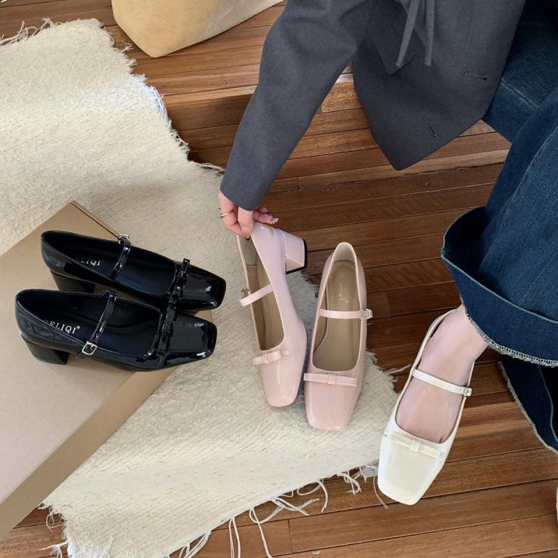 2025 spring new one-word with bow light mouth thick heel Mary Jane versatile OL work commuter women's shoes