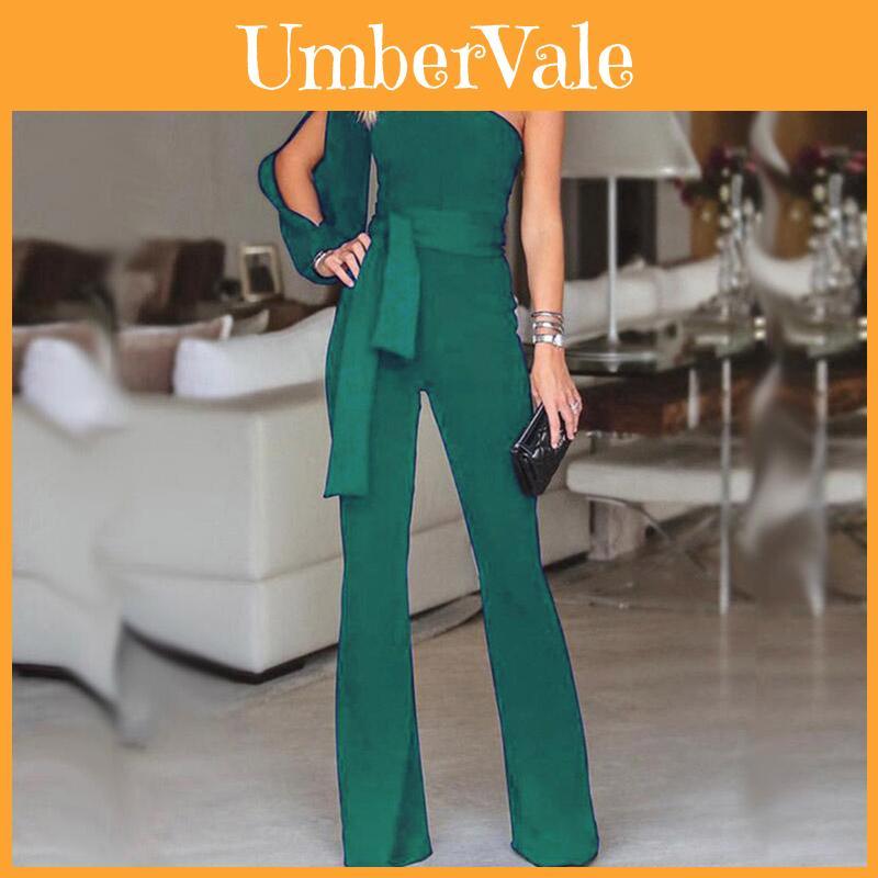Elegant Women Tied Waist Flared Jumpsuits Fashion One Shoulder Sexy Rompers For Effortless Style
