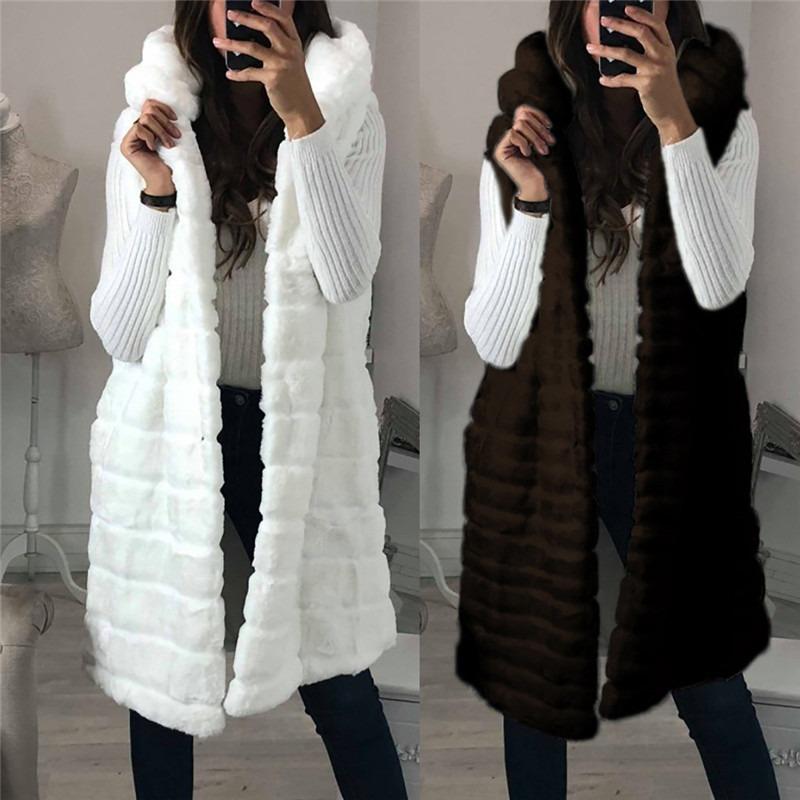 New Imitation Fur Hooded Vest Women's Plush Vest Autumn and Winter Warm Casual Fashion Hooded Long Vest