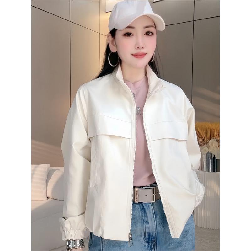 Women Solid Color Short Windbreaker Jacket Long Sleeve Turn Down Collar Zip Up Casual