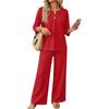 Damen Freizeit Zweiteiler Outfit Set Farbe 3/4 Ärmel Knopfleiste Vorne Oberteil mit Weit Bein Hosen für den Alltag