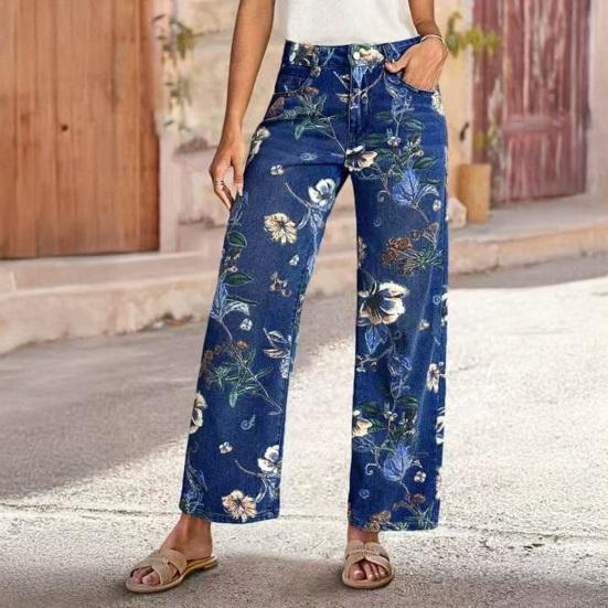 Vintage Floral Jeans for Women, Mid Rise Barrel Wide Leg Jeans, Retro Casual Stretchy Denim Pants with Pockets