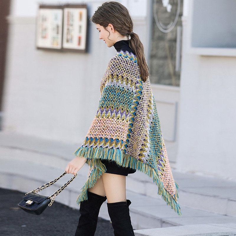 Vitange  Ethnic Pullover Sweater Coat Women Autumn Color Block Striped Loose Knit Sweater Fringed Hem Shawl Top