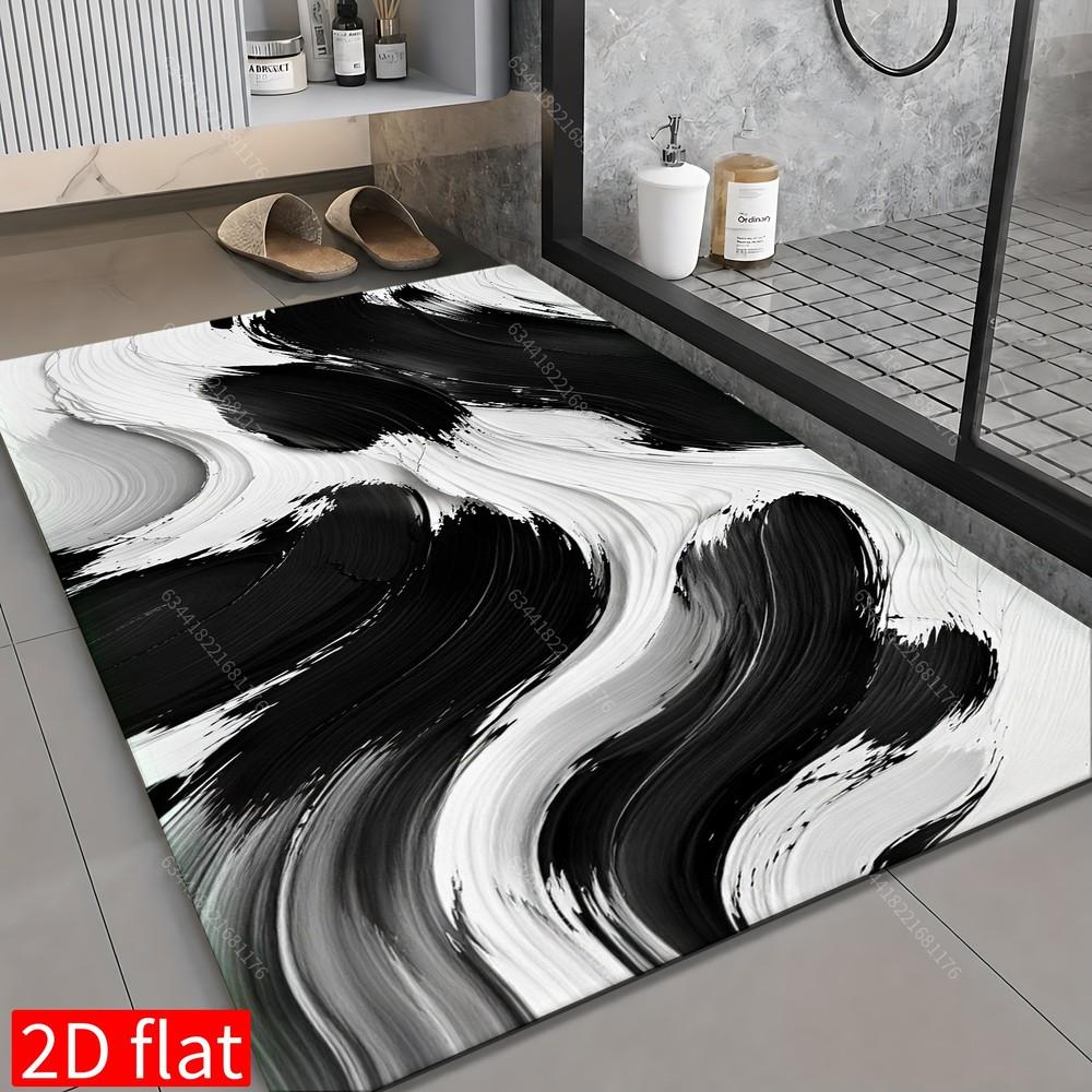 Abstract Black and White Swirl Paint Pattern Bathroom Floor Mat Rug Polyester Modern Home Decor Washable Artistic Runner Mat