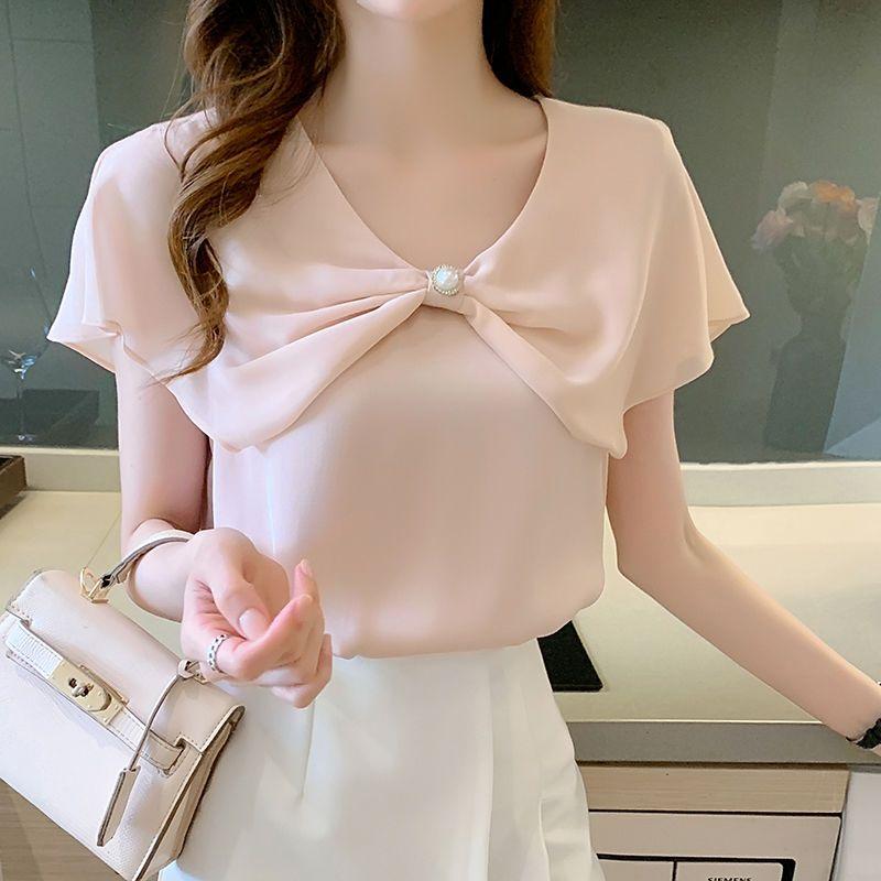 WTEMPO Short-sleeved Chiffon Shirt Women Summer Dress Bow Shows Thin Korean Fashion Thin Top Solid Color Y2k Top