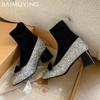 Bow Bling Women Chunky Ankle Boots Fashion Designer Mid Heels Shoes New Brand 2025 Trend Winter Dress Pumps Goth Botas De Mujer