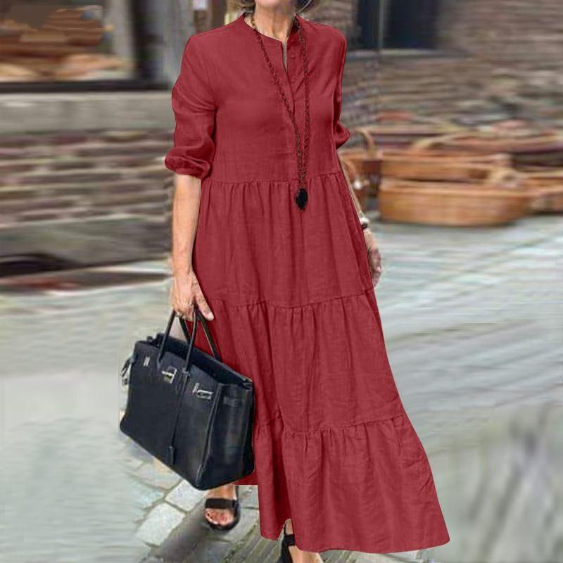 GMXIA Summer Women's Solid Colour Big Hem Casual Loose Cotton Linen Dresses
