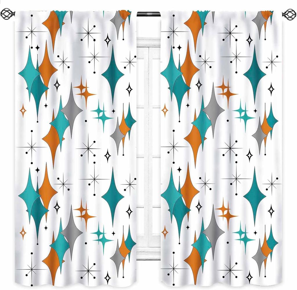 Mid Century Modern Curtains,Blue Orange Abstract Atomic Geometric Pattern Retro 1950S 1960S Style Window Treatments For Bedroom