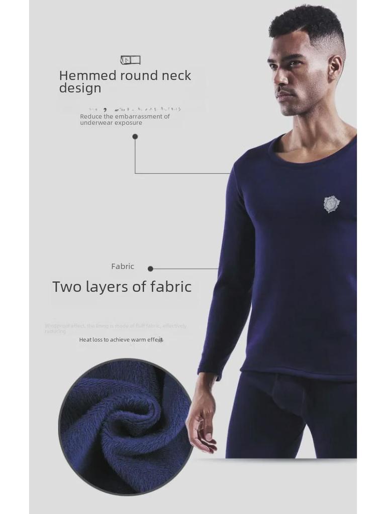 Herren Verdicktes Thermounterwäsche-Set, Plus Samt, Rundhals, Ideal für Herbst/Winter, Jugend Slim Fit, Baumwollpullover & Hose.