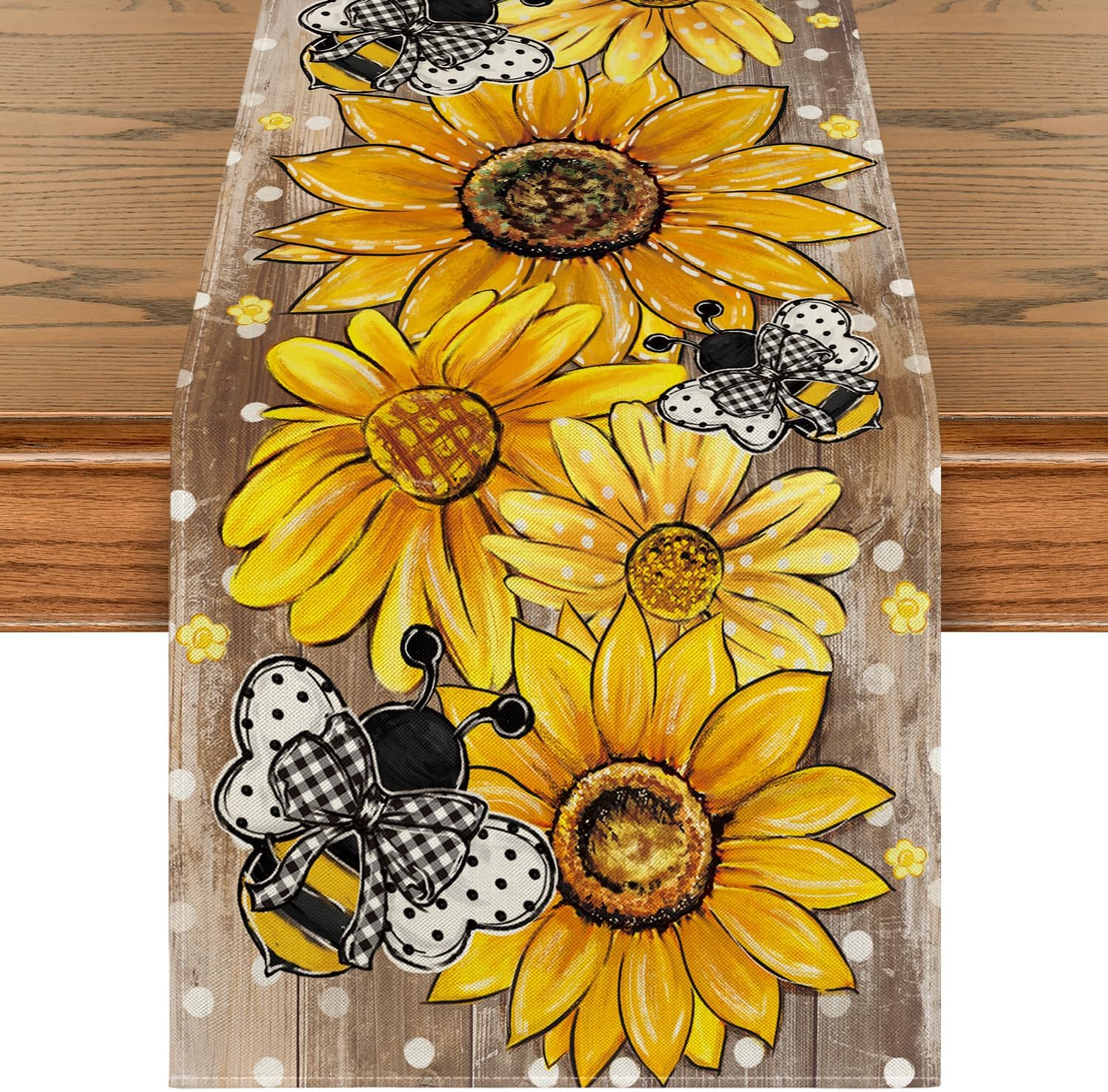 Letni Drewniany Słonecznik Pszczoła Kwiat Kropki Len Bieżnik Stołowy Wielokrotnego Użytku Kuchenny Jadalny Dekoracje Świąteczne 150x33cm yellow