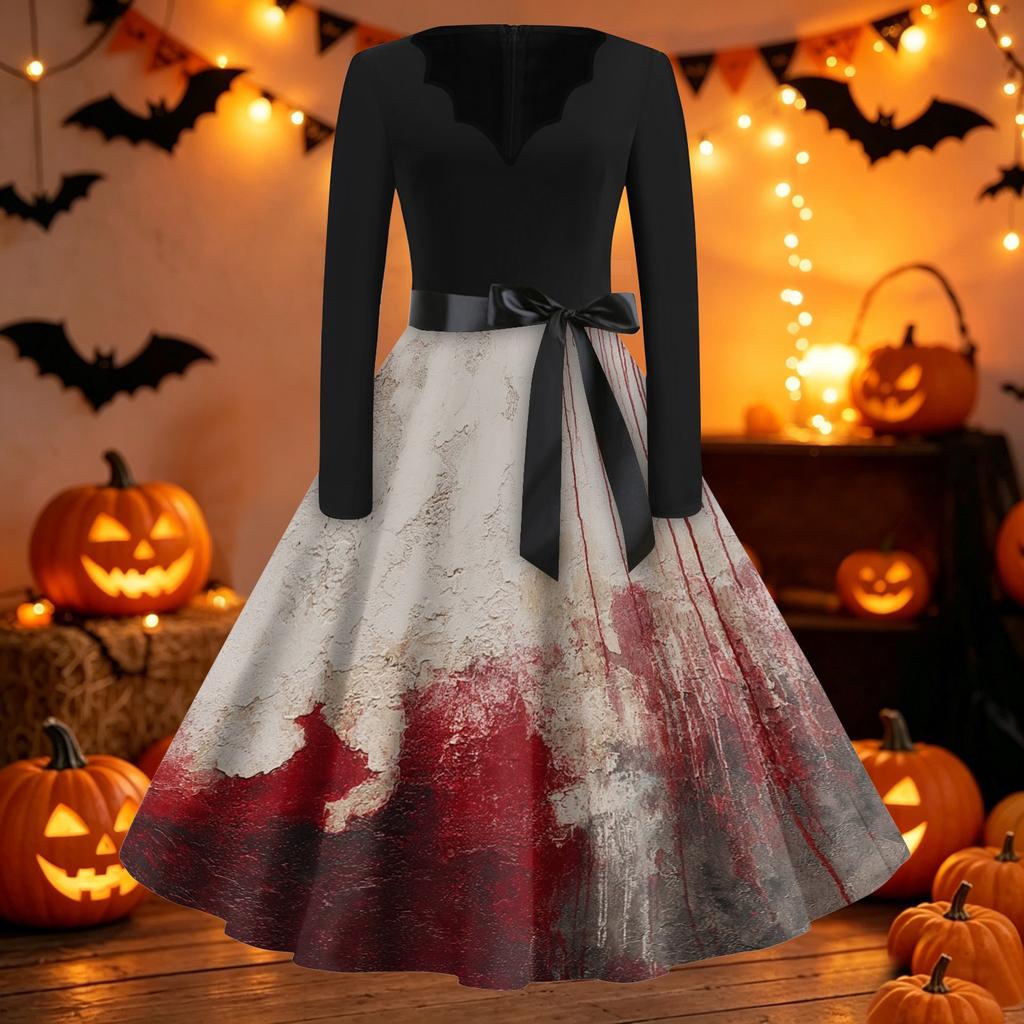 Women's Vintage Halloween Dress V Neck Long Sleeve Casual Retro Style Bat Print Swing Skirt Dress with Waist Tie Belt
