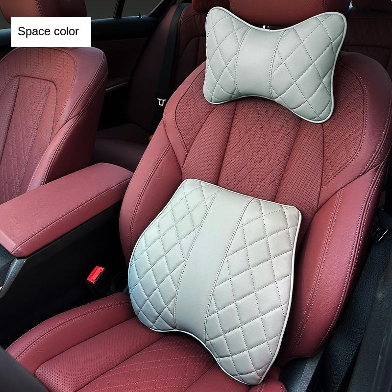2pcs Car Lumbar Pillow Neck Set Memory Cotton Leather Auto Neck Protector Waist Back Cushion Universal Seat Headrest Pillow Red