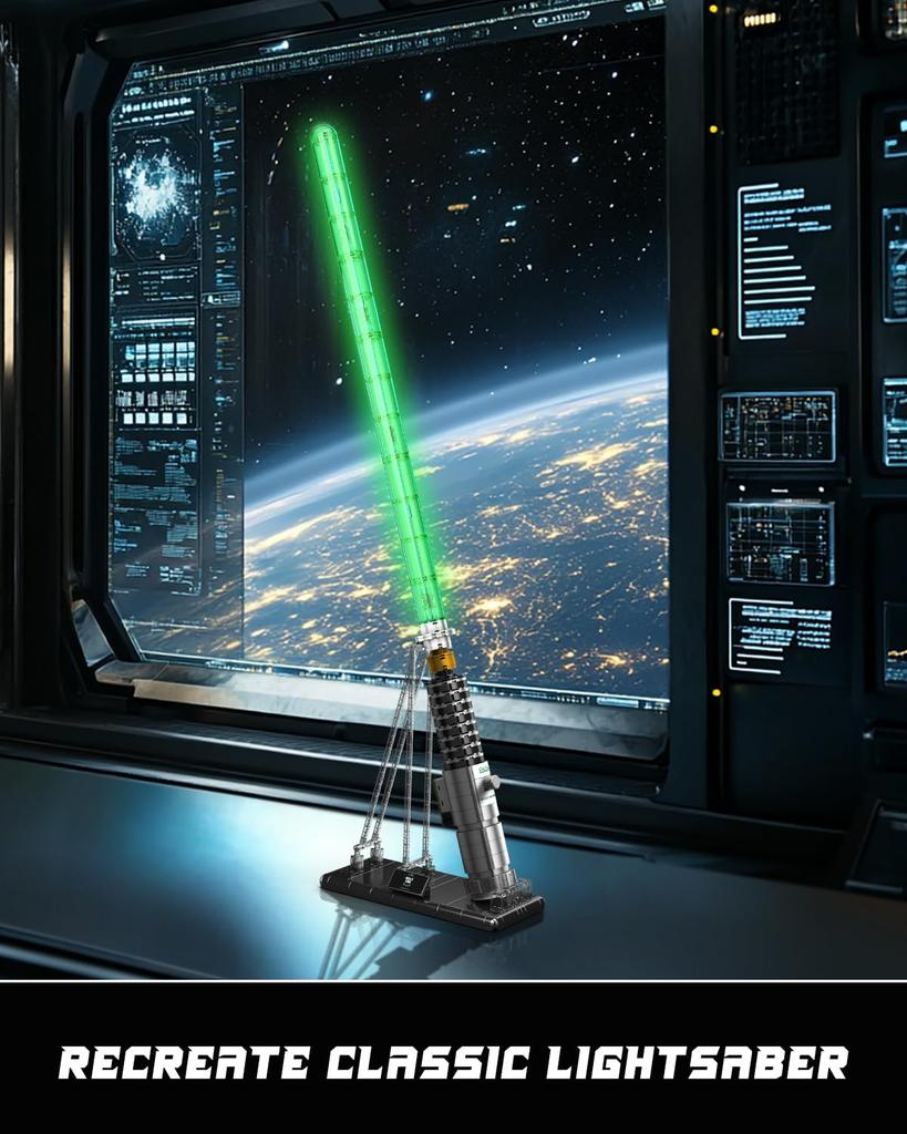 Mould King 10140 Technology MOC Lightwear Module Set - Classic Green Blade with Light Effects and Premium Stand, Creative Cosplay Anime Technology