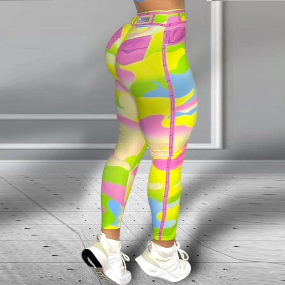 Fashion Slimming Hip Lifting Yellow Camouflage Print Yoga Pants Bottom Pants High Waisted Tummy Tuck Fitness Pants Women