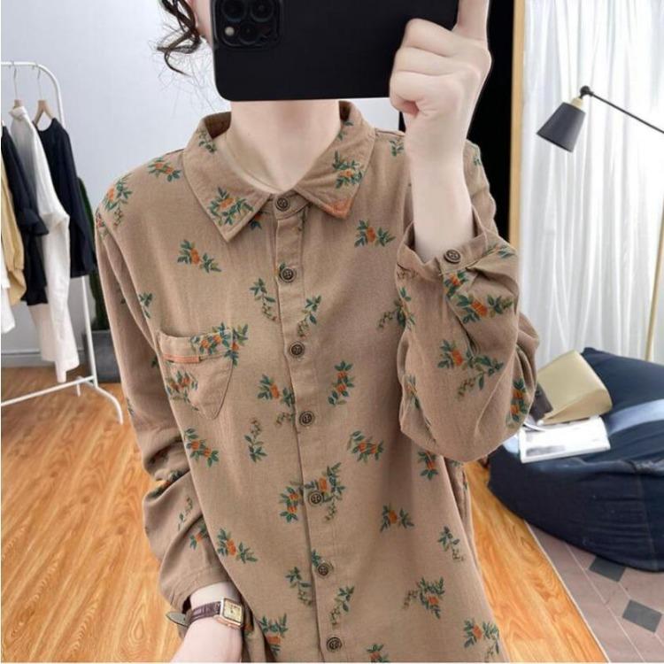 Floral Printed Long Sleeve Top Korean Retro Fashion Women Cotton Linen Autumn Shirt Digital Design Blouse