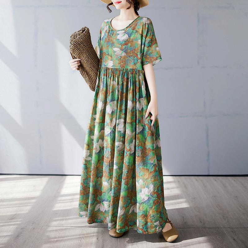 

Простое богемное длинное платье лето новое полнящее плюс короткий рукав круглый вырез платье с принтом женская одежда One Size