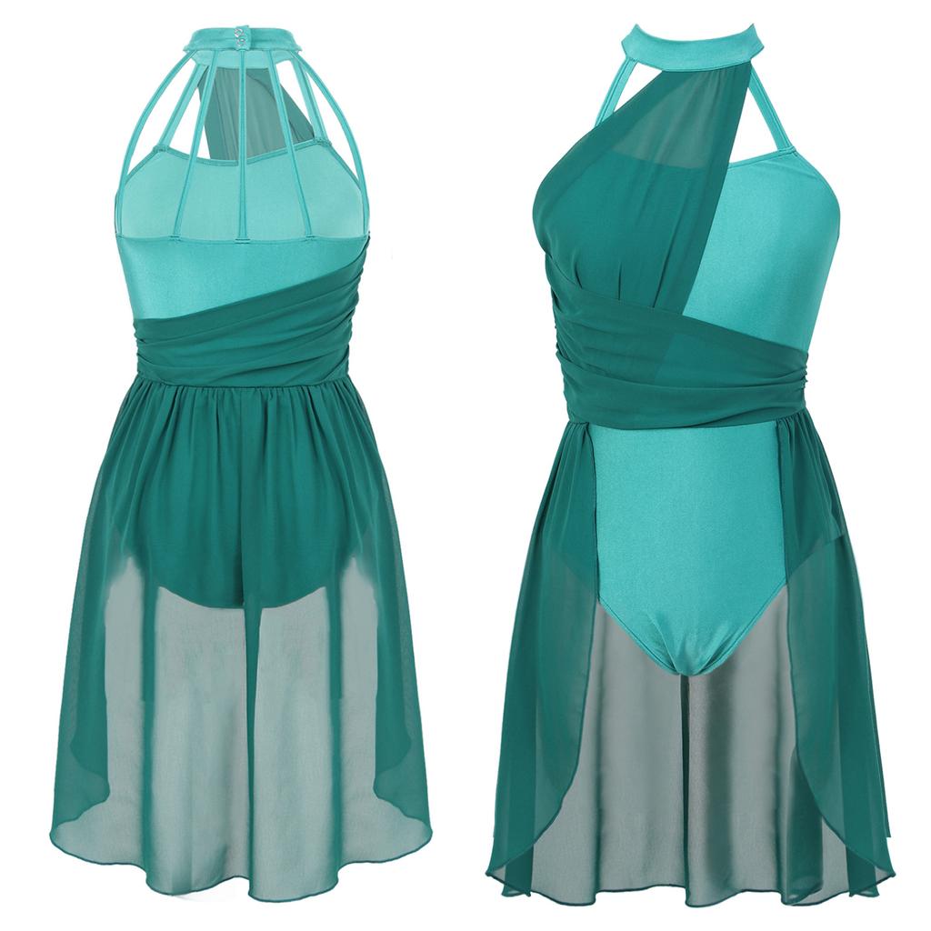 Costume de danse de gymnastique en mousseline de soie pour femmes, robe de danse lyrique, Costume contemporain moderne, col licou, vêtements de danse en mousseline de soie