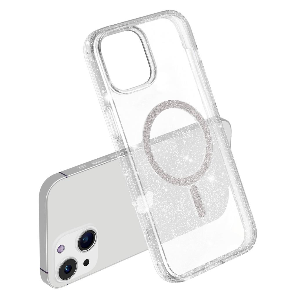 For iPhone 15 Plus/14 Plus Phone Case Compatible with MagSafe Glitter PC+TPU Hybrid Shockproof Cover