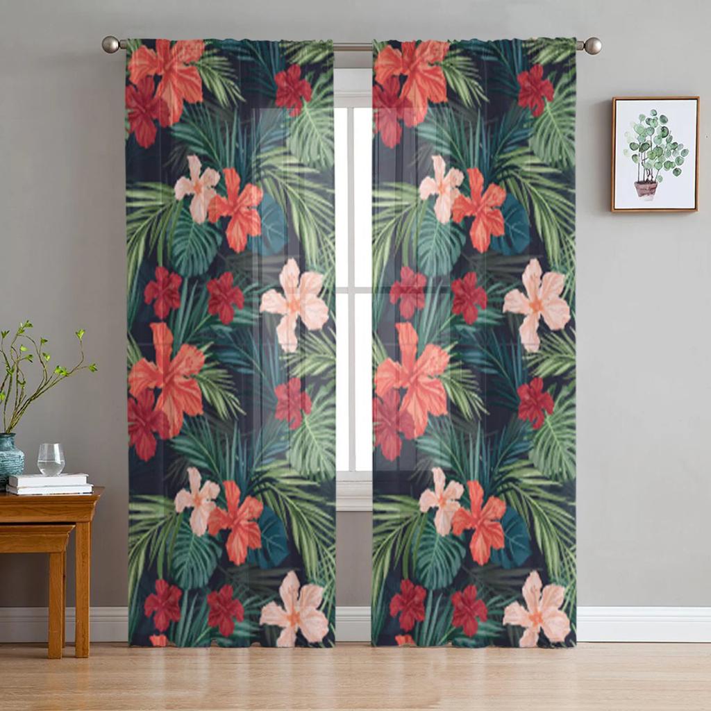 Hawaiian Flower Plant Jungle Palm Tropical Sheer Curtains for Living Room Bedroom Decor Window Voile Tulle Curtain Drapes