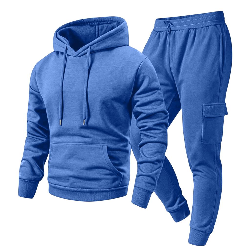 Men's Casual Outdoor Sports Two-Piece Set - Color Sweatshirt and Elastic Waist Cargo Jogger Pants