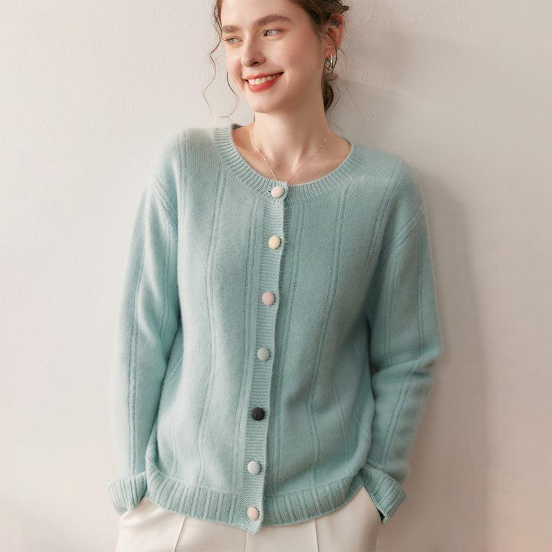 Colorful Buckle Cashmere Knit Cardigan - Women's Round Neck, Fresh Autumn/Winter Sweater with Unique Personality Design